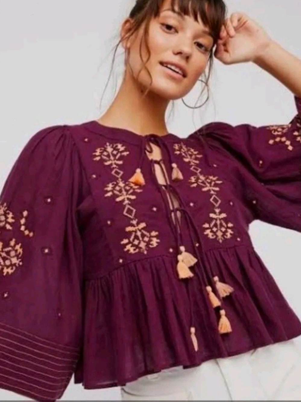 Free People Burgundy Floral Embroidered A-Line tie Pleated Peasant Top XS NWT
